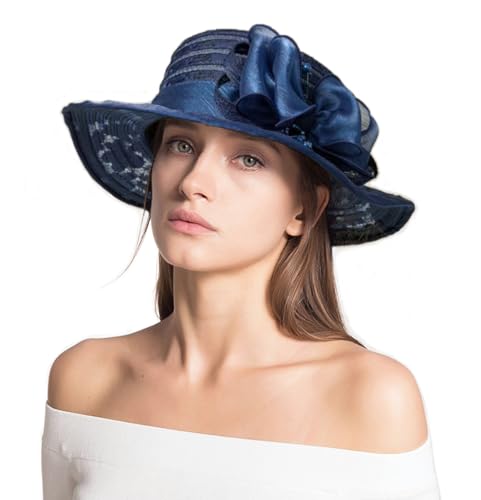 Women's Organza Derby Fascinator Hat Cloche Bowler Hat Cocktail Tea Party Wedding Sun Hat - color: K-darkblue