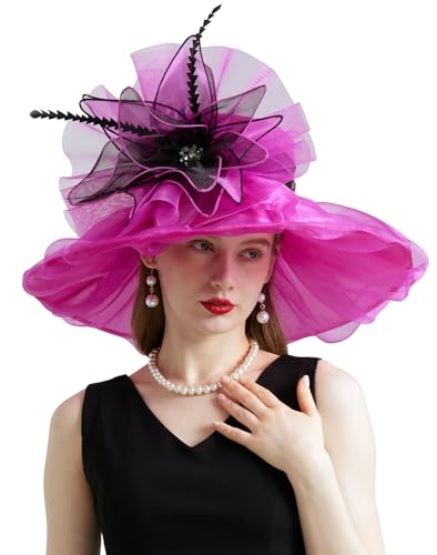 Women Organza Derby Hat Fascinator Tea Party Wedding Church Derby Hat Fascinator Hats Dual-use - color: 02a Rose Red