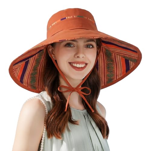 Reversible Wide Brim Sun Hat, Double-Sided Bucket Hat with Chin Strap, Packable UV Protection Beach Hat, Yellow - color: Orange