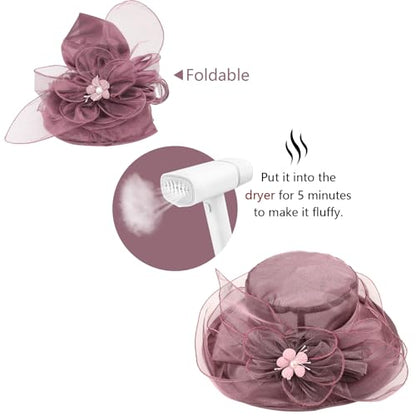 AQOKKA Women Organza Church Fascinators Kentucky Derby Hats for Women and Girls Wedding Flower Tea Party Hat with Wide Brim - color: Simulated Flower : Dark Purple