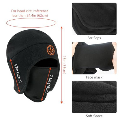 BASSDASH Unisex Soft Fleece 2-in-1 Hat with Mask Ear Flap - color: Black