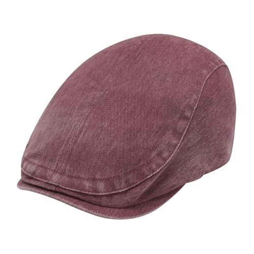 ZLYC Men Cotton Flat Cap Summer Scally Newsboy Beret Driver Hat - color: Washed Burgundy