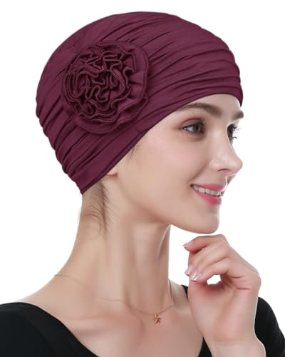 Alnorm Flower Design Chemo Hair Loss Caps Cancer Headwear for Women - color: Black Red