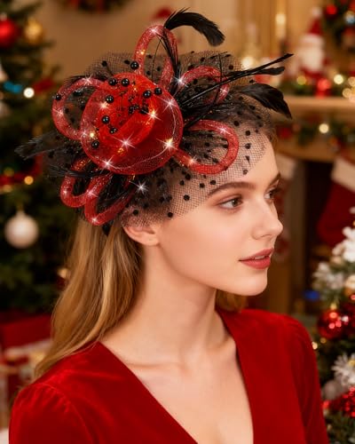 Women Fascinator Hats LED Light Up Headband for Tea Party Halloween Night Headwear Christmas Mardi Gras - color: Black Red