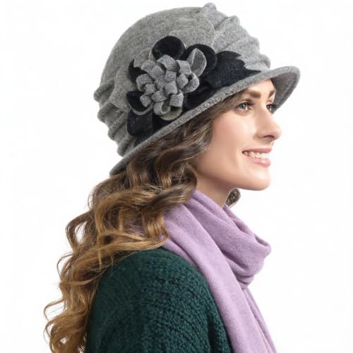 Vintage Women Floral Wool Dress Cloche Winter Hat 1920s - color: C020-d-light Grey