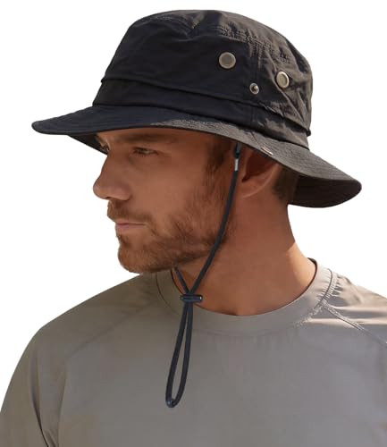 Hat Hut Mens Waterproof Bucket Rain Hat, UPF50+ Sun Hat, Wide Brim, Packable, All-Weather Outdoor Hiking Fishing Hats - color: Black