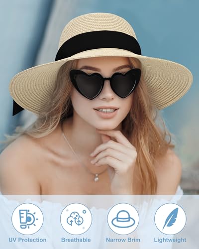 Sun Straw Hats for Women, Wide Brim Summer Beach Hat - color: Beige, size: X-Large