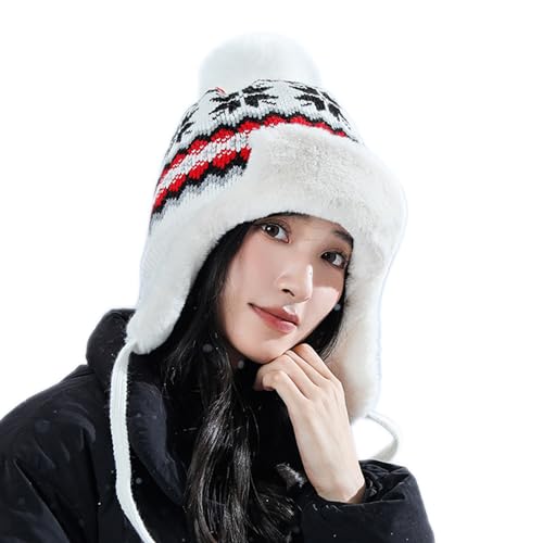 Women Winter Beanie Hat Thick Fleece Lined Warm Earflap Trapper Hat Pom Pom Jacquard Knited Outdoor Ski Snow Cap - color: Style 2-white