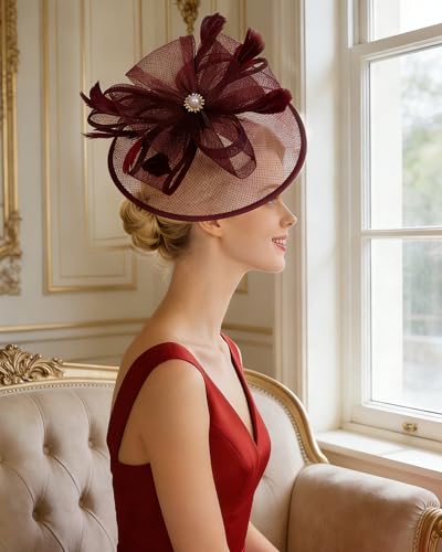 Zinniday Victoria Tea Party Hat - Vintage 1920s 50s Feather Mesh Kentucky Hat 2026 Derby Fascinator for Funeral Church Prom - color: Wine Red