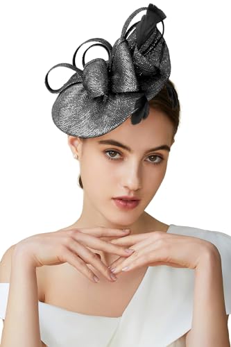 BABEYOND Fascinators Hats for Women Tea Party Glitter Pillbox Hat Derby Hat - color: B-black