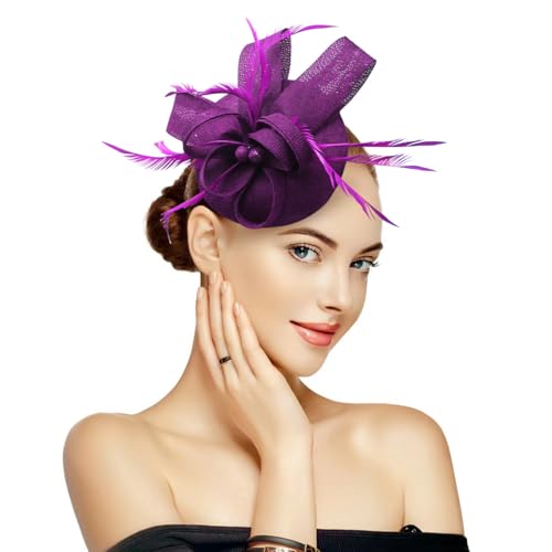 Specell Women's Handmade Tea Party Fascinator Hat, Pillbox Derby Hat with Feather Hair Clip, Elegant Formal Fashion Headwear. - color: A-a-purple Red