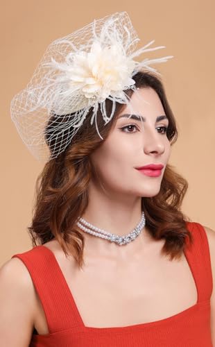 Fascinators Hats for Women Pillbox Hat 20s 30s 50s Vintage Feather Headwear Bowler Flower Veil Wedding Tea Party Hat - color: X-beige