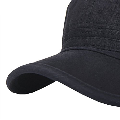 QZUnique Adjustable Flat Top Cap Solid Brim Army Cadet Style Military Hat - color: A- Black