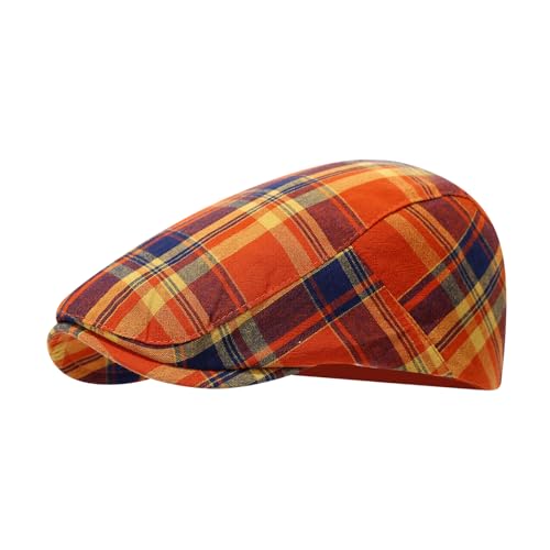 Classic Ivy Flat Plaid Newsboy Cap Adjustable Cotton Gatsby Cabbie Hat for Women Men - color: Orange