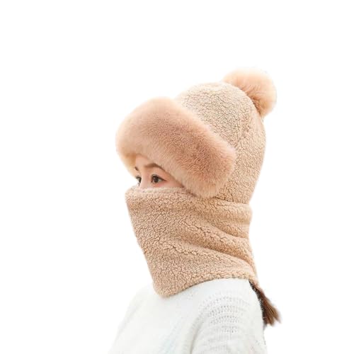 One-Piece Hat Womens Winter Warm Elastic Soft Ear Protection Knitted Scarf Mask Hat Fleece Lined Beanie Hat - color: H-khaki