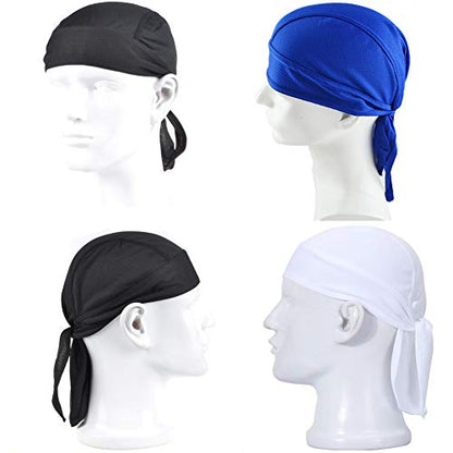 4 Pack Head Wraps Cycling Caps Dew Rag Skull Caps Beanie Cap Do Rags, Pirate Hats, Doo Rag, Durag Bandana - color: Black White Grey Blue, size: One Size
