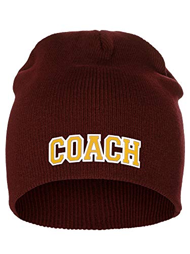 I&W Sports Team Coach Arch Letters Winter Knit Cuffless Beanie 3D Raised Layers - color: Burgundy Beanie White Gold