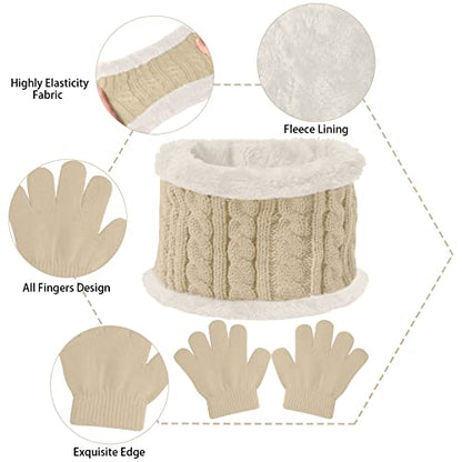 Kids Winter Beanie Hat Scarf Gloves Set,Toddlers Knit Winter Warm Double Pompom Cap Scarf Gloves for Girls Boys 1-5 Years Old - color: Beige