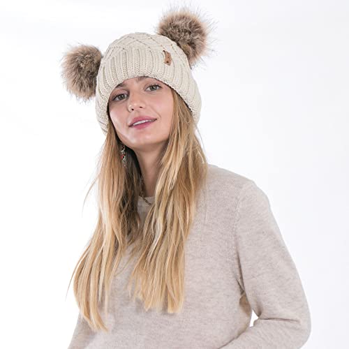 Arctic Paw Womens Winter Hat Cable Knit Beanie for Women Faux Fur Pompom Ears - color: Beige_grid