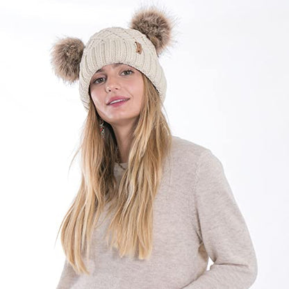 Arctic Paw Womens Winter Hat Cable Knit Beanie for Women Faux Fur Pompom Ears - color: Beige_grid