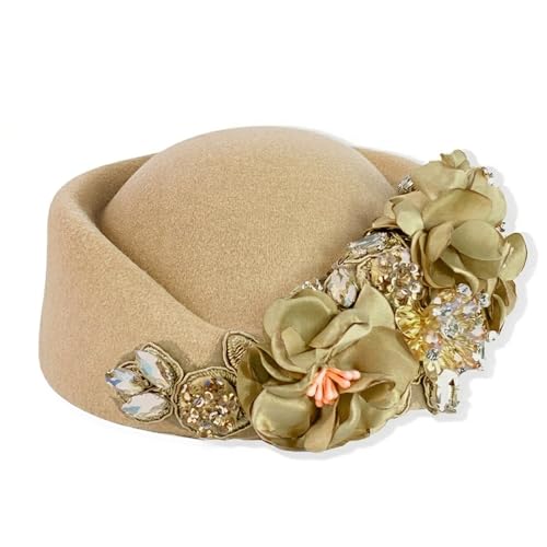 Petaluna Women's Flower Beret Suitable for Church Wearing Elegant Breathable Wedding Party Retro French Headdress - color: Khaki