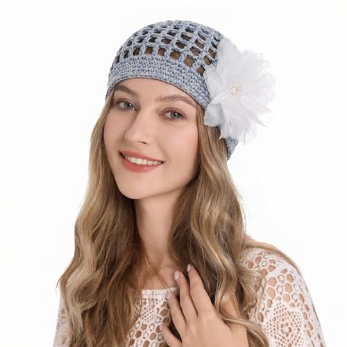 ZLYC Women Crochet Beanie Hat Summer Handmade Knit Decorated Skull Cap - color: Floral Blue