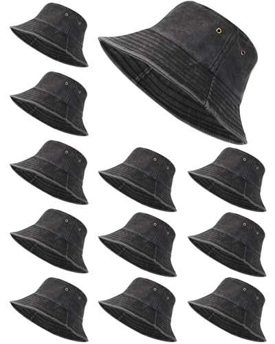 Sureio Washed Cotton Bucket Hats Bulk for Women Men Wide Brim Summer Cap Unisex Beach Fishing Hat for Adult Outdoor, Plain - color: Black, size: Large-X-Large