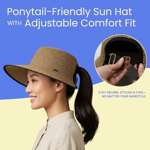 Funky Junque Wide Brim Panama Sun Hat, Womens Packable Straw - color: Split Back Ponytail - Dark Natural Mix