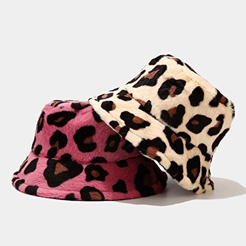 Dirholl Women's Winter Faux Fur Fuzzy Warm Bucket Hat - color: Big Leopard Rose