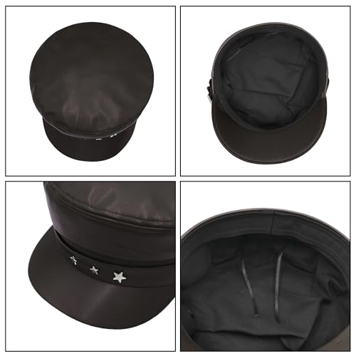BOLLEY JOSS Womens Fashion Newsboy Cap Faux Leather Bakerboy Hat Stars Buckle Beret Paperboy Fiddler Captain Sailor Hats - color: Brown