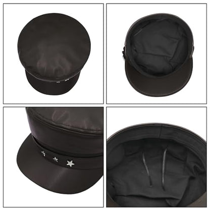 BOLLEY JOSS Womens Fashion Newsboy Cap Faux Leather Bakerboy Hat Stars Buckle Beret Paperboy Fiddler Captain Sailor Hats - color: Brown