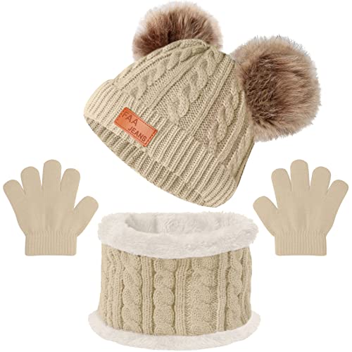 Kids Winter Beanie Hat Scarf Gloves Set,Toddlers Knit Winter Warm Double Pompom Cap Scarf Gloves for Girls Boys 1-5 Years Old - color: Beige