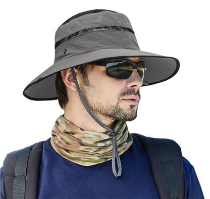 Men's Beach-Sun-Hat Wide-Brim Sun-Protection-Fishing Hat Outdoor Boonie Hat - color: Grey and Black