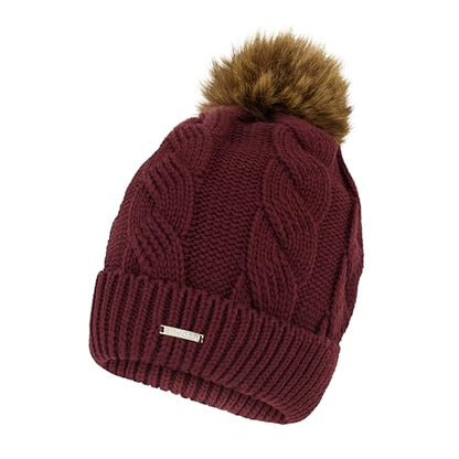 Spyder Women's Cable Knit Pom Pom Beanie with Ribbed Cuff - color: Fig