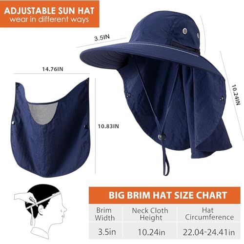 Mens Women Fishing Hat UPF 50+ Wide Brim Sun Hat with Face Cover & Neck Flap - color: Navy