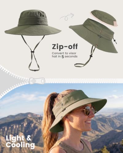 2-in-1 Womens Bucket Sun Hats, Sun Visor Hat, UPF 50+ Wide Brim, Ponytail-Friendly, Packable, Hiking Outdoor - color: Olive Green