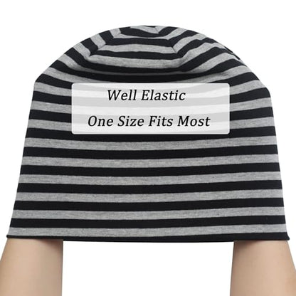 ZLYC Cotton Thin Slouchy Beanie Hat for Men Women Stretch Skull Cap - color: Striped Black and Gray, size: One Size