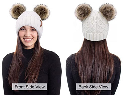Arctic Paw Womens Winter Hat Cable Knit Beanie for Women Faux Fur Pompom Ears - color: White_grid