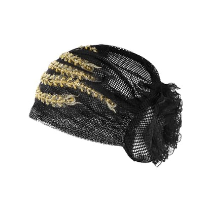 haozaikeji Women Flower Turban Hat Rhinestones Muslim Islamic Head Wrap African Pearl Turban Soft Stretchy Head Cover - color: Black-silver