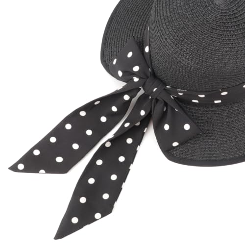 DRESHOW Sun Hats for Women Travel Fedora Foldable Beach Sun Hat Summer Wide Brim Straw Bucket Hat with Bowknot UPF 50+ - color: 1 Pack Bowknot Straw Hat: Black (Black Polka Dot Band)
