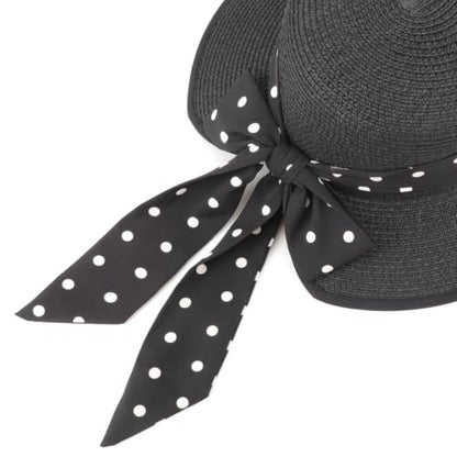 DRESHOW Sun Hats for Women Travel Fedora Foldable Beach Sun Hat Summer Wide Brim Straw Bucket Hat with Bowknot UPF 50+ - color: 1 Pack Bowknot Straw Hat: Black (Black Polka Dot Band)