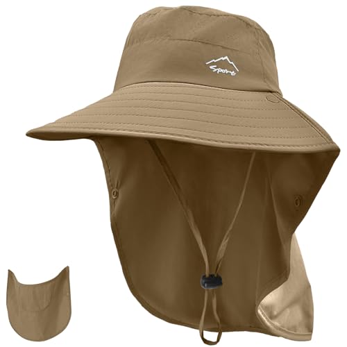 Rosoz Sun Hat for Men Women with Neck Flap& Removable Face Cover Wide Brim - color: 1pack-brown