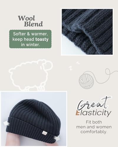 Hat Hut Wool Beanie Satin Lined Winter Hats Slouchy Beanie with Silk Lining Warm Wool Knit Ski Hat Cuffed Cap Women Men - color: Navy Blue