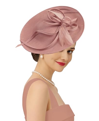 Kidukso Fascinators Hat 20s 50s for Women Derby Hat Vintage Feather Headband for Tea Party Church Wedding Cocktail - color: Nude Pink