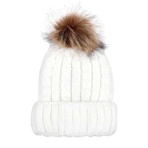 C.C Kids' Suede Patch Snuggly Soft Warm Knit Pom Cuff Beanie - color: Cable Knit Faux Fur, Ivory