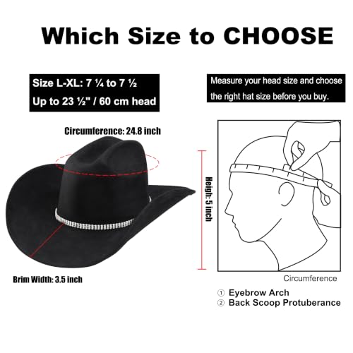 Western Cowboy Hat for Men Women,Shapeable Wide Brim Felt Fedora Classic Cowgirl Hats for Cowboys and Cowgirls,with bolo tie - color: Black-e, size: Medium-Large