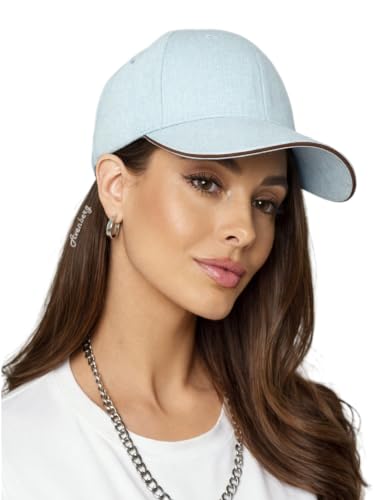 Sandwich Brim High Crown Baseball Cap – Logo-Free – Deep Fit Structured Hat for Men & Women – Minimalist Design - color: White Light Blue Denim / Chocolate Sandwich