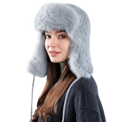 Women Winter Trapper Hat Ushanka Warm Sherpa Beanie Knit Ear Flap - color: Knitting Gray