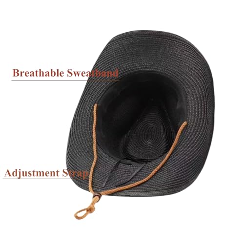 Straw Cowgirl Hat for Women Cowboy Hats for Men Wide Brim Sun Hat Shapeable Western Hat Beach Hat - color: A-black