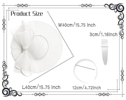dressfan Wide Brim Fascinator Hats for Women,20s Linen Rhinestones Bow Big Hat for Derby Church Wedding Tea Party - color: White